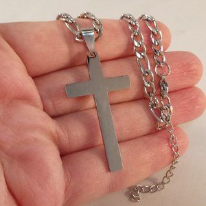 Mens Silver Stainless Steel Smooth Crucifix Cross Pendant Figaro Chain Necklace